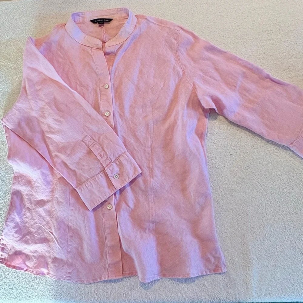 Lands’ End Women’s Pink Linen Button-Up Blouse Mandarin Collar Size 12 - Picture 2 of 9